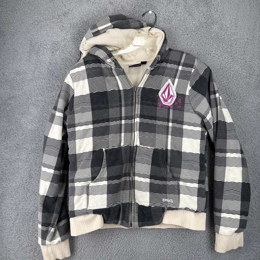 Volcom Hoodie Mens Large Detroit Novelty Zip Insulated Gray Pink Logo